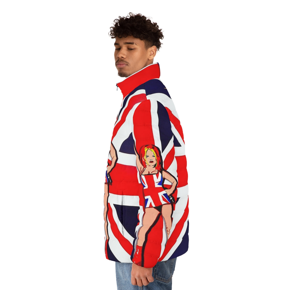 Union Jack puffer jacket, 90s inspired fashion - men side left