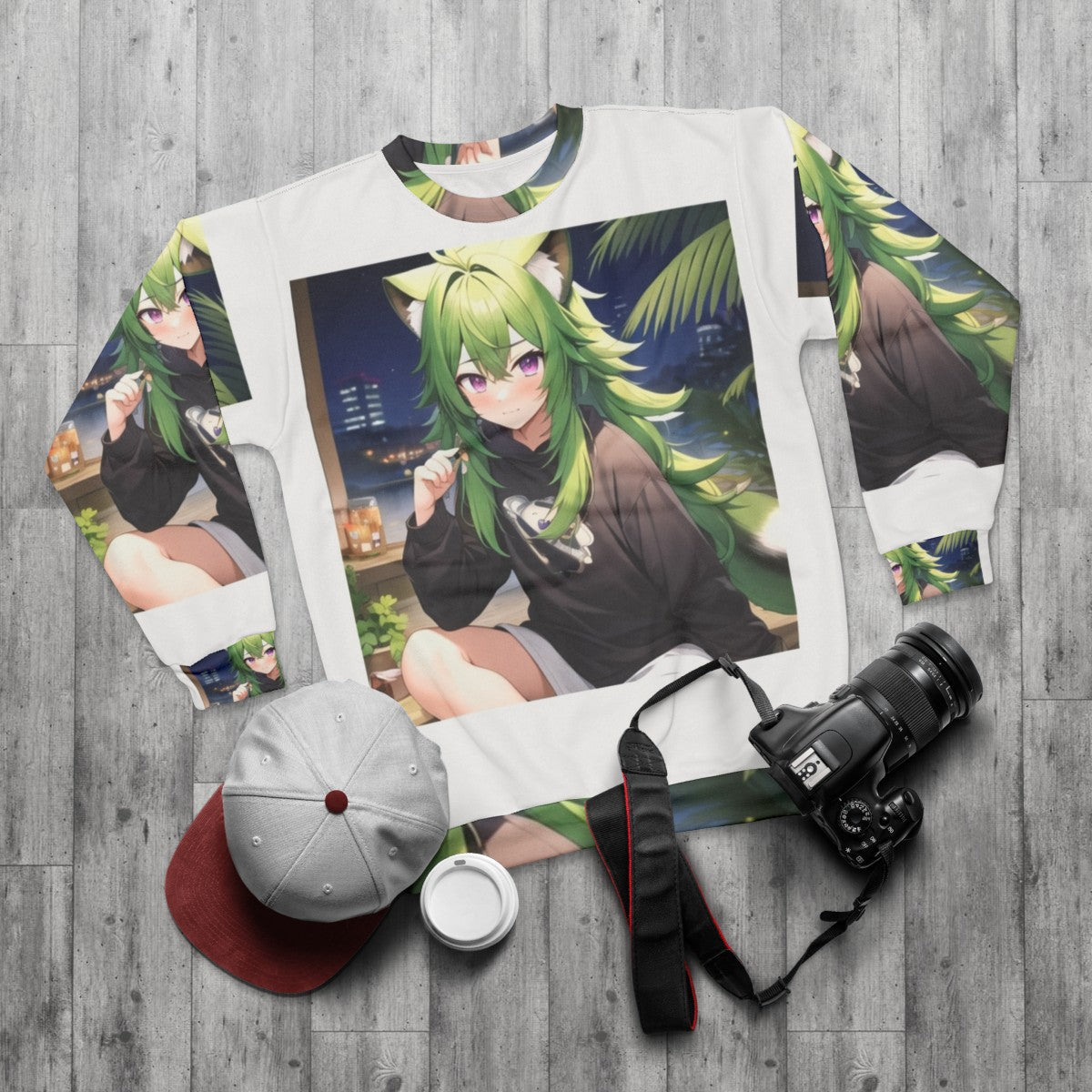 Kawaii anime boy with green hair, purple eyes, and raccoon features wearing a sweatshirt - flat lay