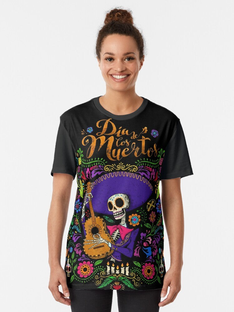 Dia De Los Muertos graphic t-shirt featuring a sugar skull and skeleton design - Women