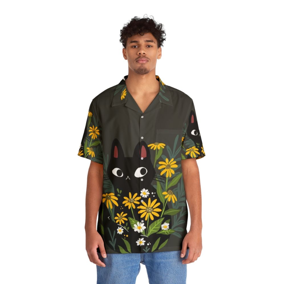 Black cat with yellow flowers on a tropical hawaiian shirt - People Front