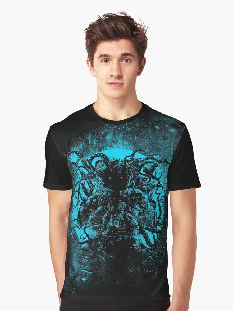 Cthulhu, the terrifying cosmic horror from the works of H.P. Lovecraft, depicted on a space-themed graphic t-shirt. - Men