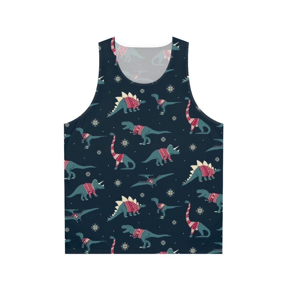 Unisex Dinos In Sweaters Tank Top featuring a graphic of dinosaurs wearing festive sweaters