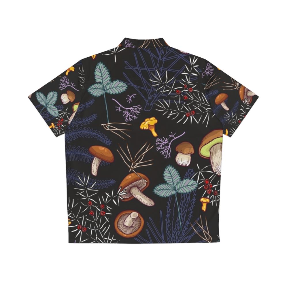 Dark Wild Forest Mushrooms Hawaiian Shirt with Autumn Leaves Nature Pattern - Back