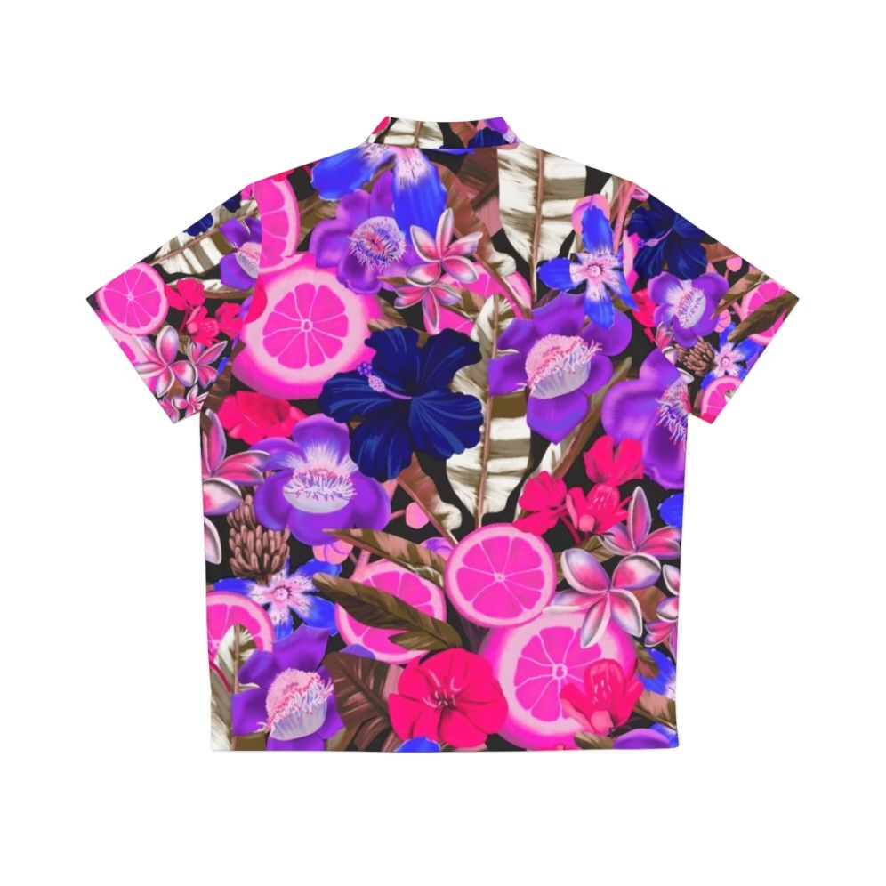 blue hawaiian shirt with colorful floral and fruit pattern - Back