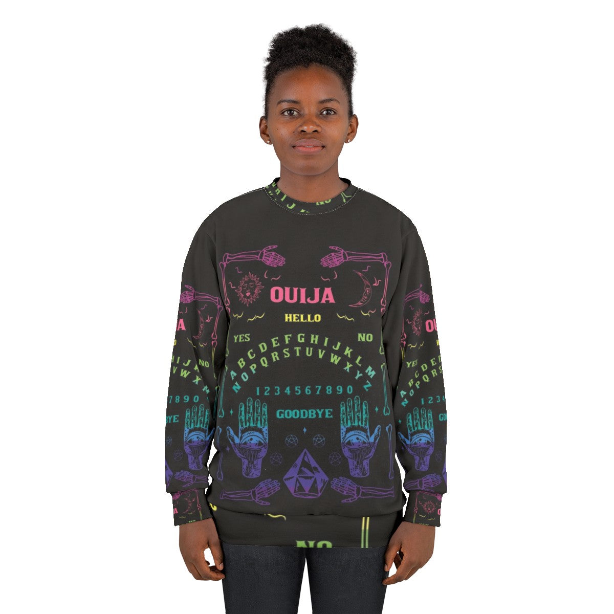 Colorful rainbow ouija board graphic on a sweatshirt - women