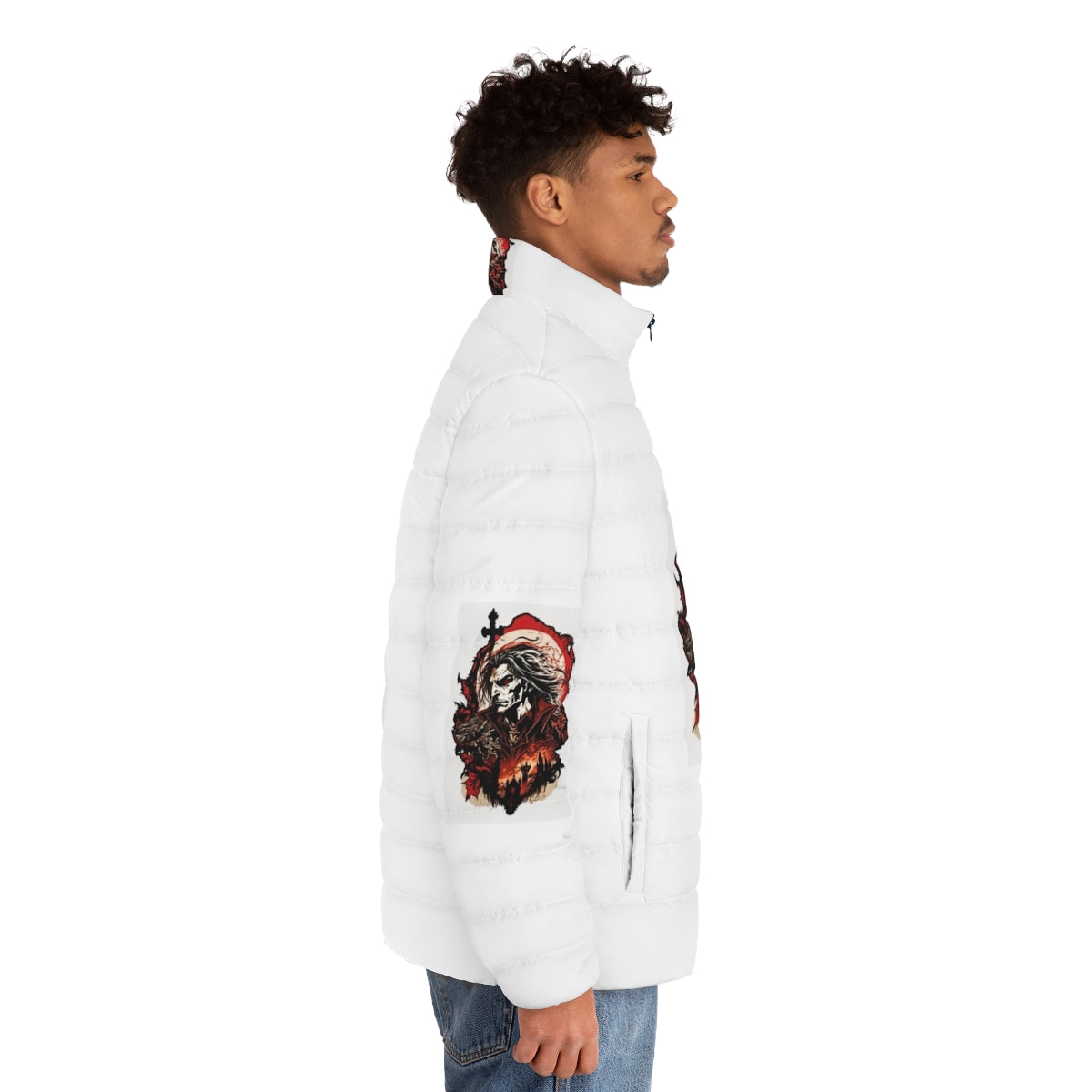 Dracula Castlevania inspired puffer jacket with gothic sticker design - men side right