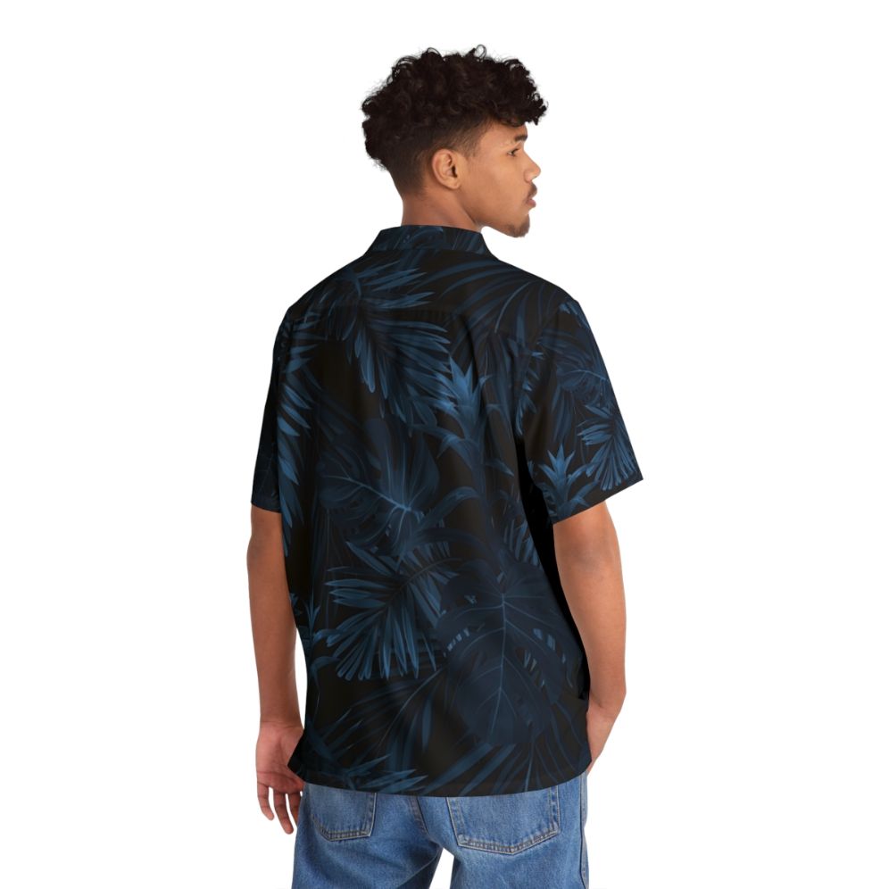 Dark indigo tropical Hawaiian shirt with floral and palm leaf pattern - People Back