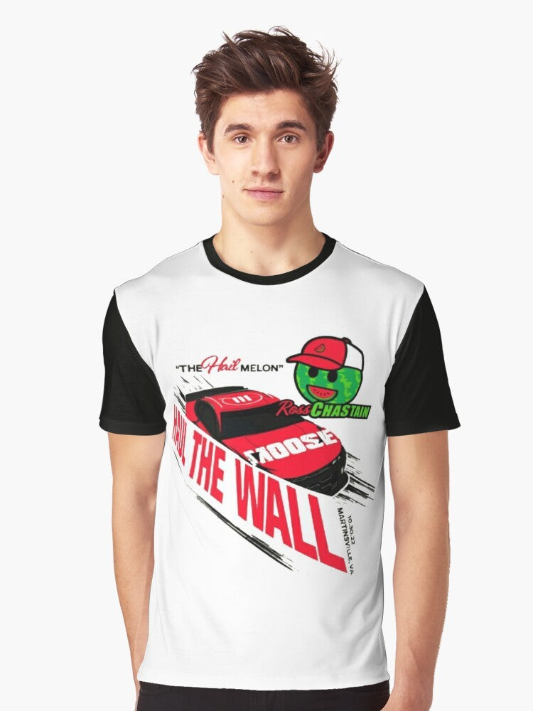 Ross Chastain "Haul the Wall" Hail Melon Graphic T-Shirt featuring a stylized design with the phrase "Haul the Wall" and a melon graphic - Men