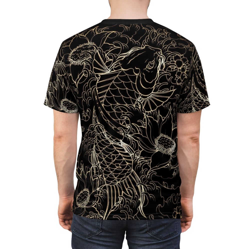 Vibrant koi fish and lotus flower graphic print on a high-quality t-shirt - men back