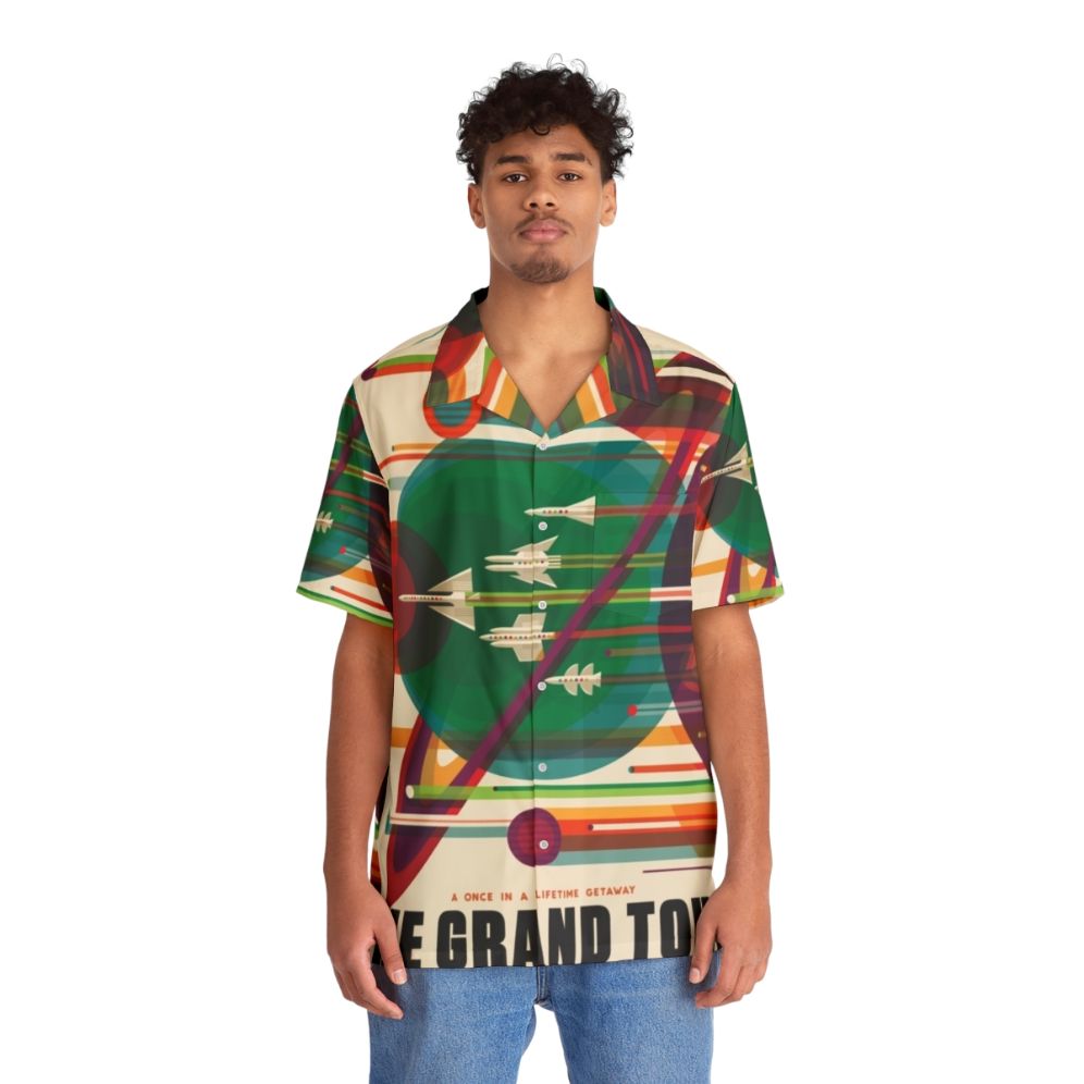 Retro space-themed Hawaiian shirt with rocket ships, planets, and galaxy prints - People Front