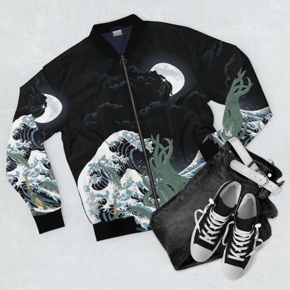 Bomber jacket featuring a Cthulhu-inspired design with a Japanese wave pattern. - Flat lay