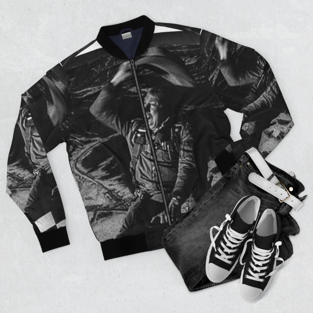 Vintage-inspired bomber jacket with "Bomb Rider" design, reminiscent of the iconic film Dr. Strangelove - Flat lay