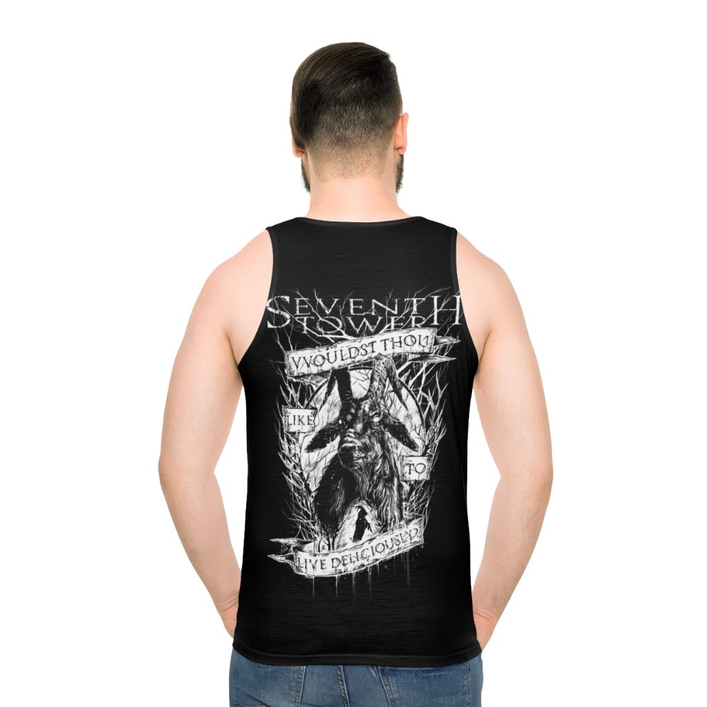 Unisex tank top with deliciously living occult design - men back