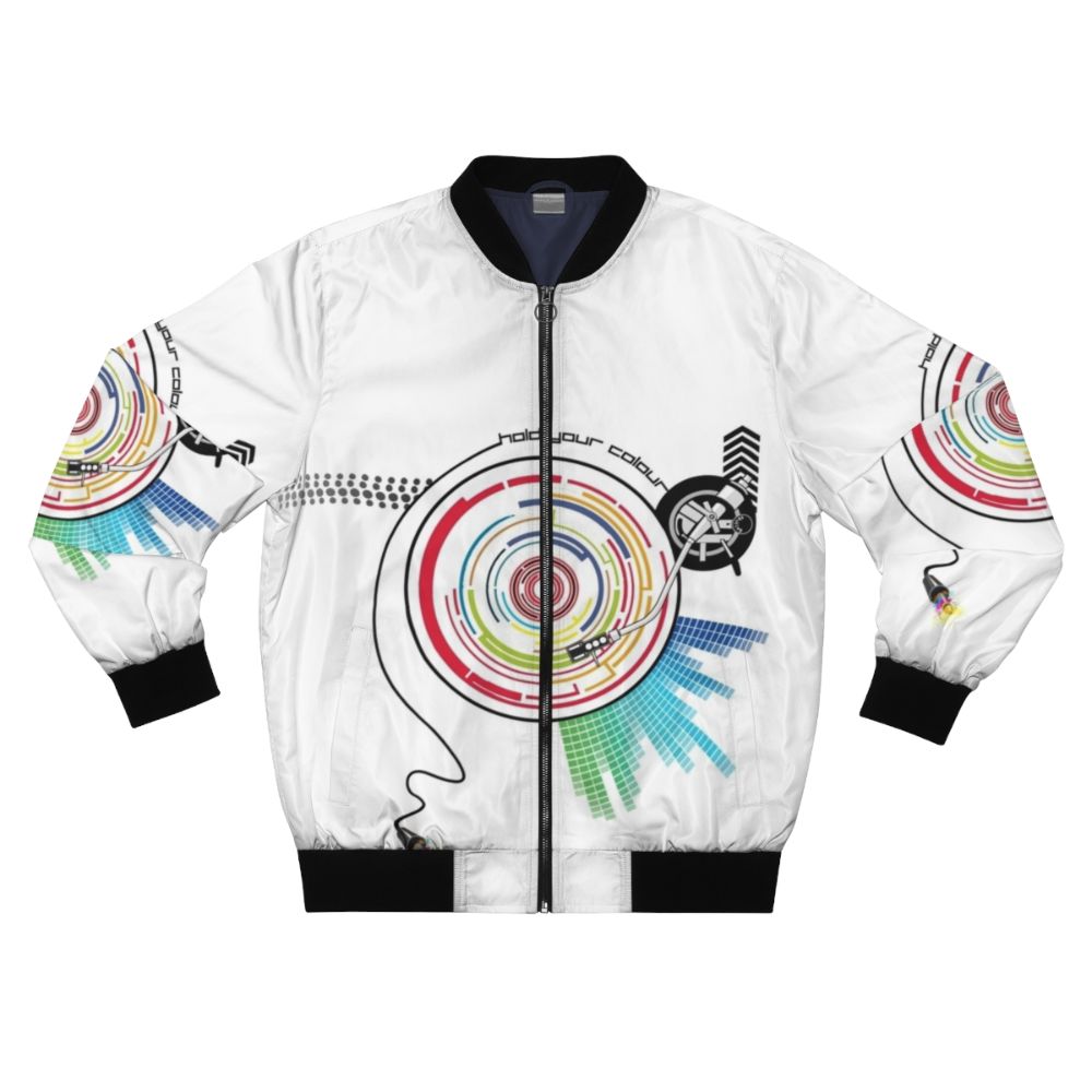 Pendulum Vinyl Music Mashup Bomber Jacket with graphic design featuring vinyl record, needle, and arrow