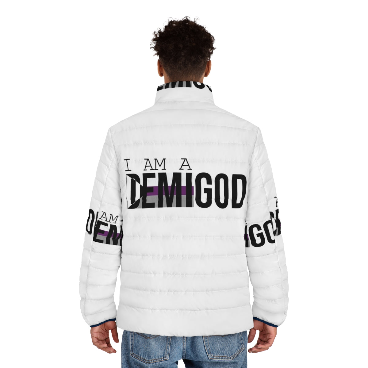 Demisexual Pride Puffer Jacket with LGBTQ+ symbols and quotes - men back