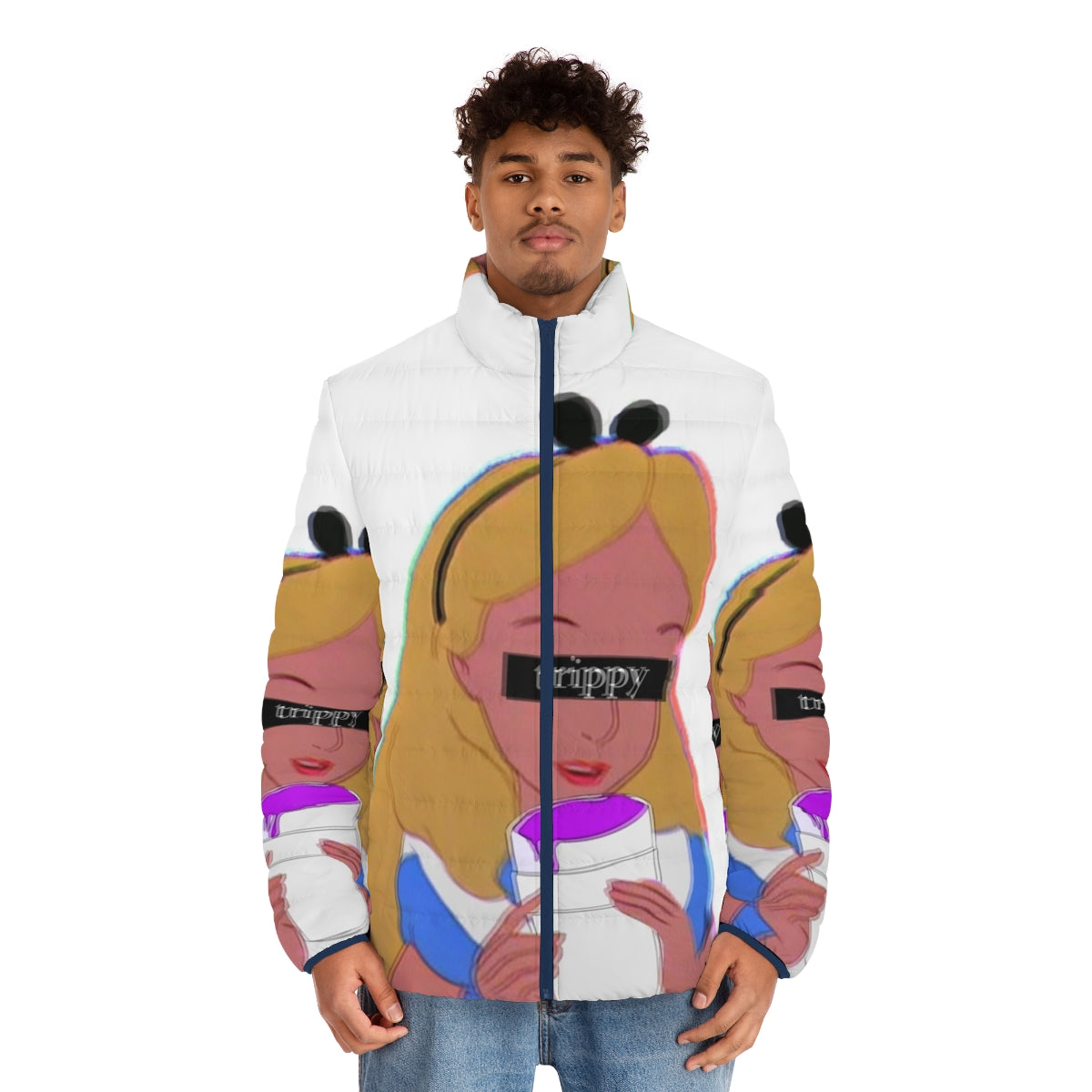 Trippy Alice Puffer Jacket - Psychedelic Alice in Wonderland-inspired outerwear - men front