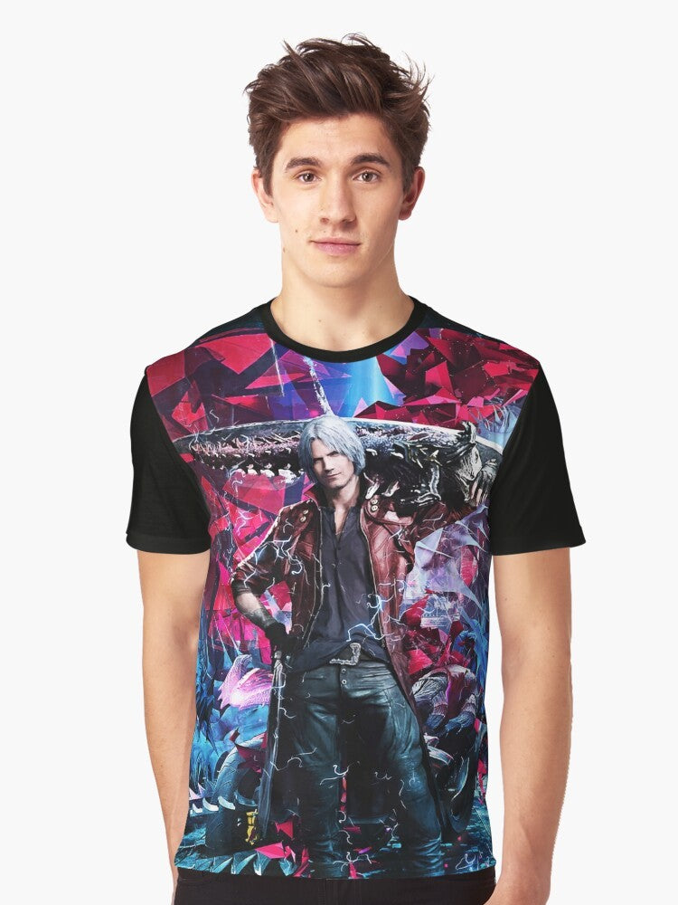 Dante from the video game Devil May Cry V featured on an abstract, colorful graphic t-shirt - Men