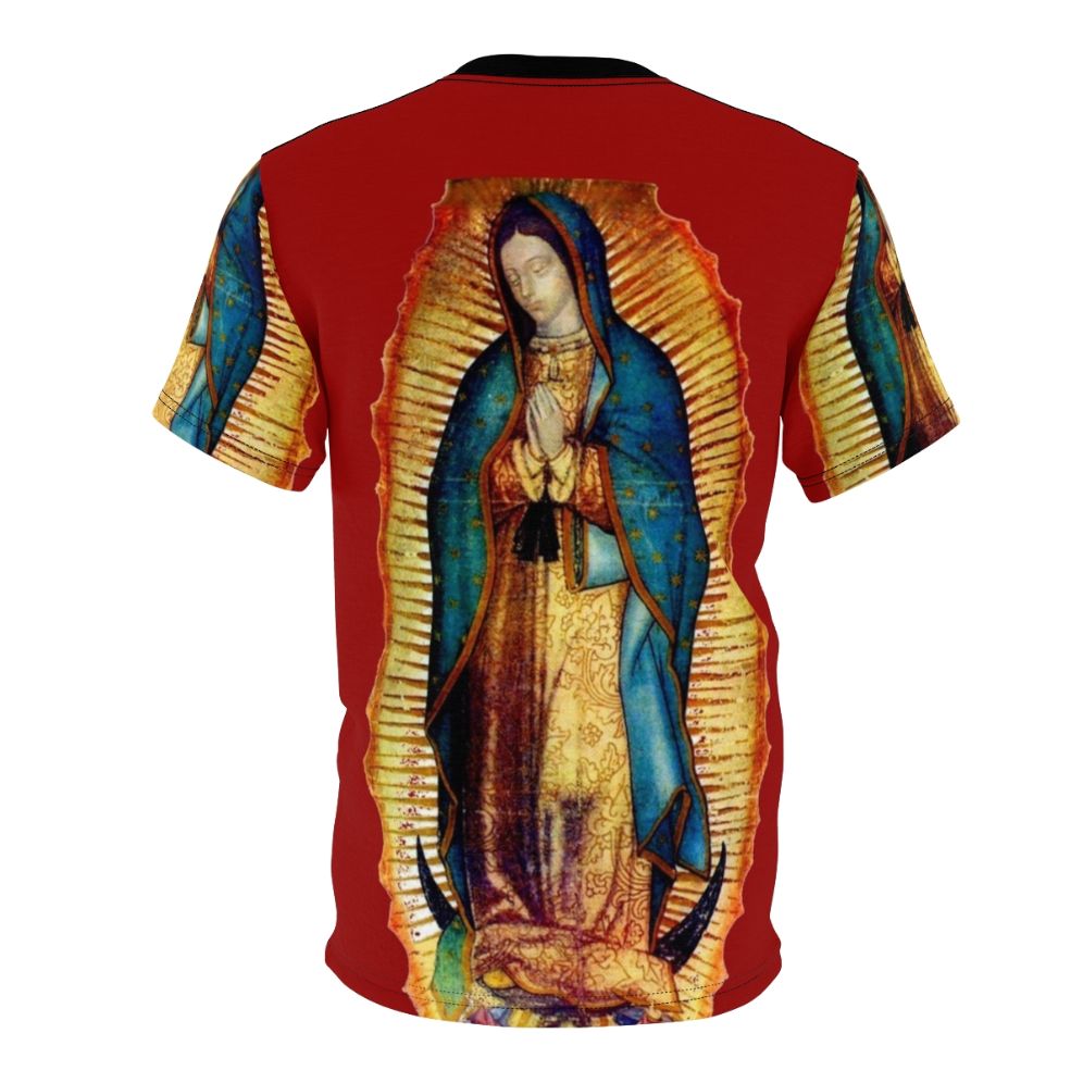 Faithful depiction of the revered Our Lady of Guadalupe icon on a quality AOP t-shirt. - Back