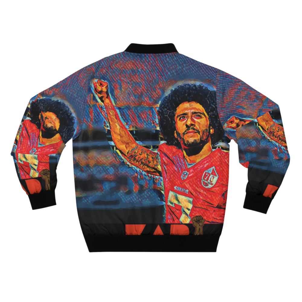 A stylish bomber jacket featuring the image of Colin Kaepernick kneeling during the national anthem - Back