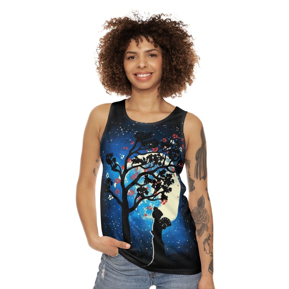 Tranquility unisex tank top with cherry blossom design - women