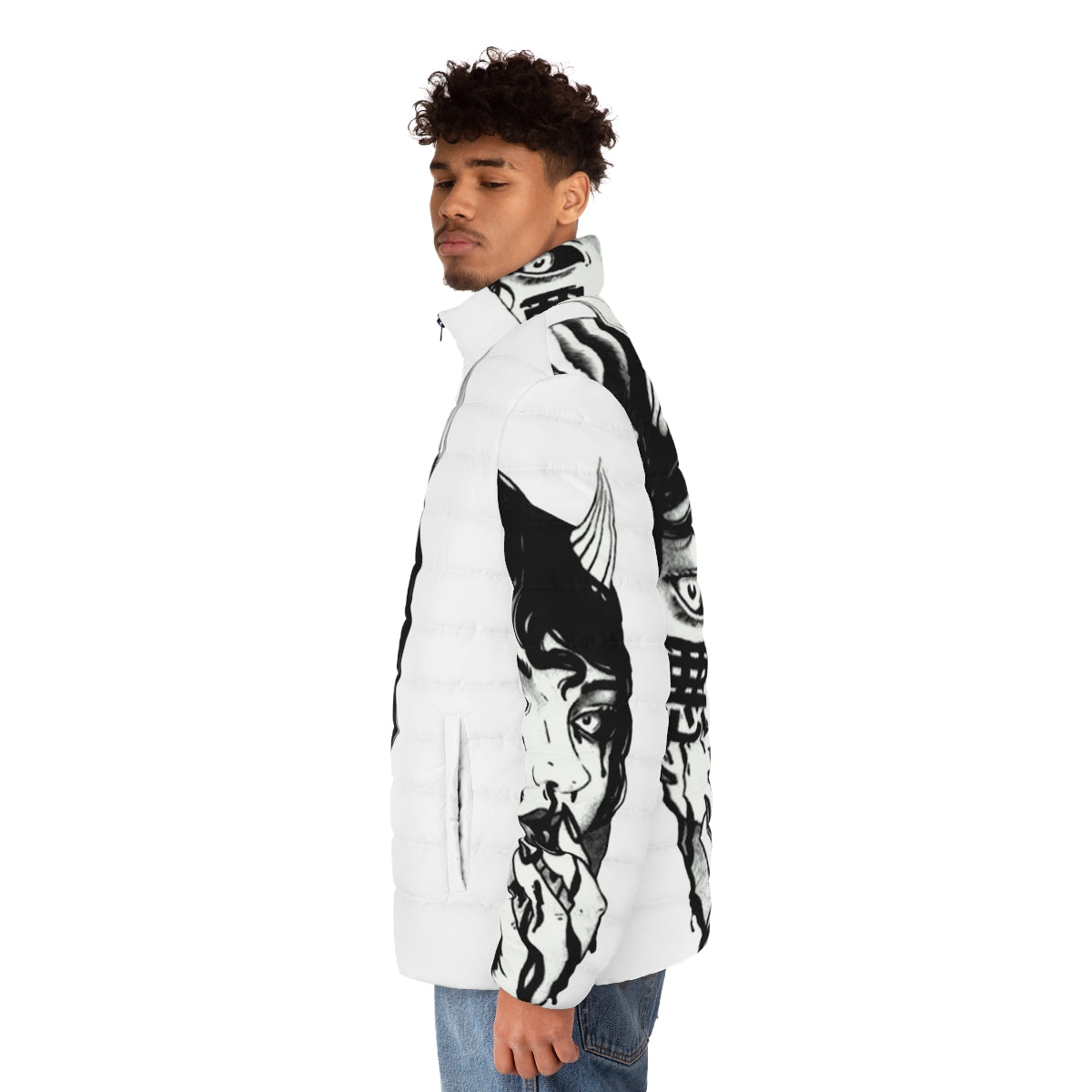 Cyberpunk-inspired black and white puffer jacket with futuristic design - men side left