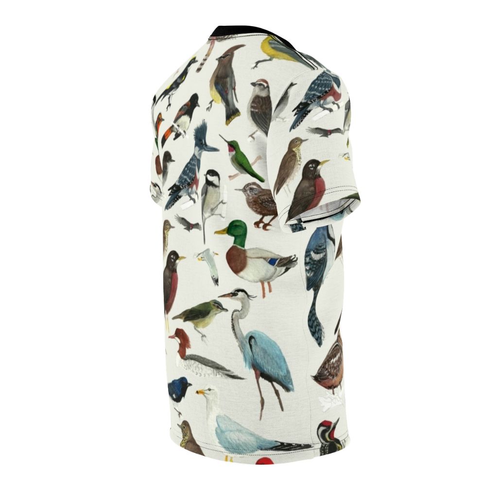 Vibrant AOP T-shirt featuring a collage of various bird species for the bird enthusiast - men right