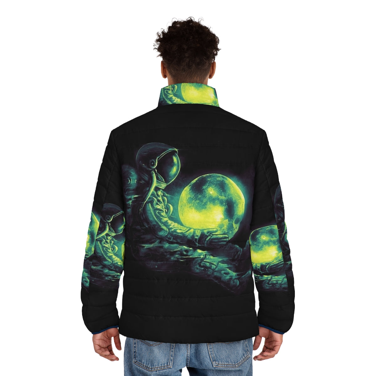 Stylish puffer jacket with a surreal, intergalactic design featuring the moon, stars, and planets - men back