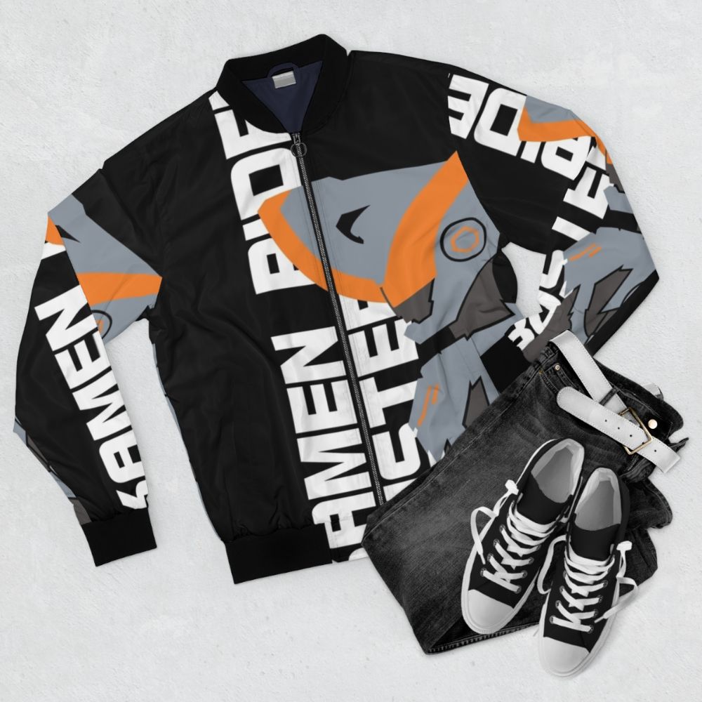 Kamen Rider Buster-inspired bomber jacket with vector graphics - Flat lay