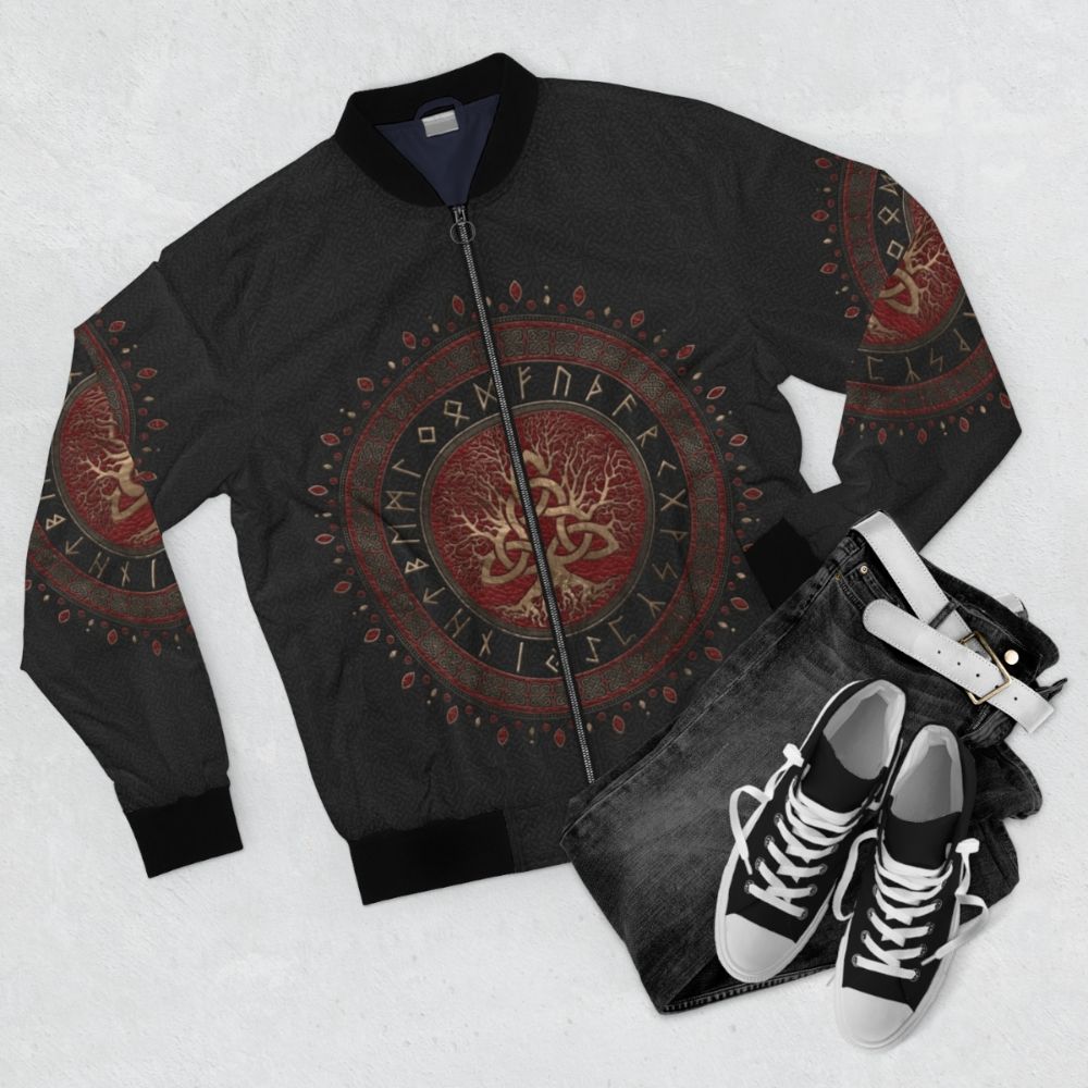 Tree of Life Triquetra Celtic Bomber Jacket in Black and Red with Gold Accents - Flat lay