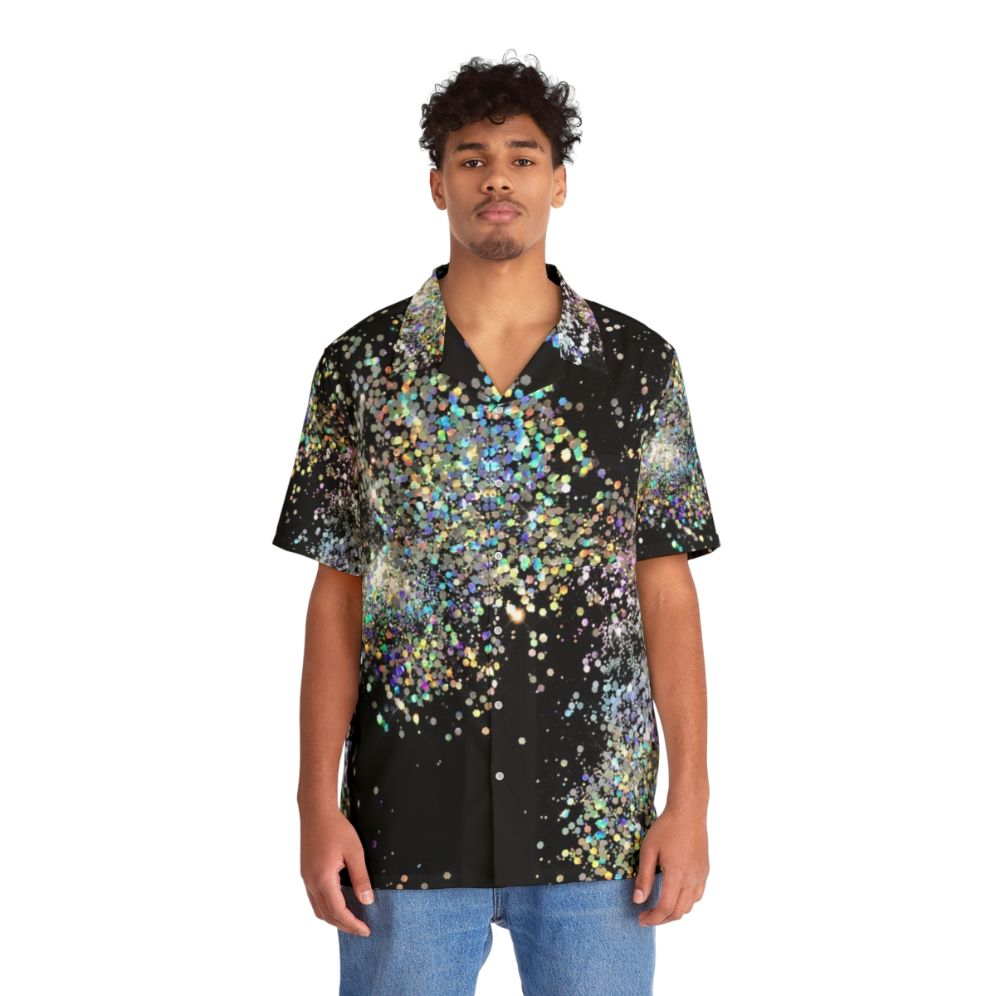 Black and multicolor sequin Hawaiian shirt with glitter and ombre pattern - People Front