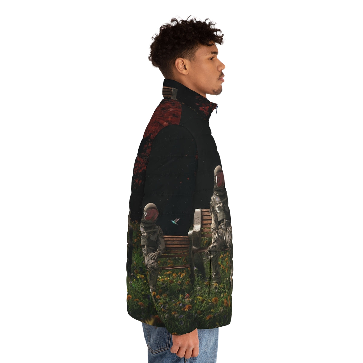 Interlude cosmic puffer jacket with surreal space and nature imagery - men side right