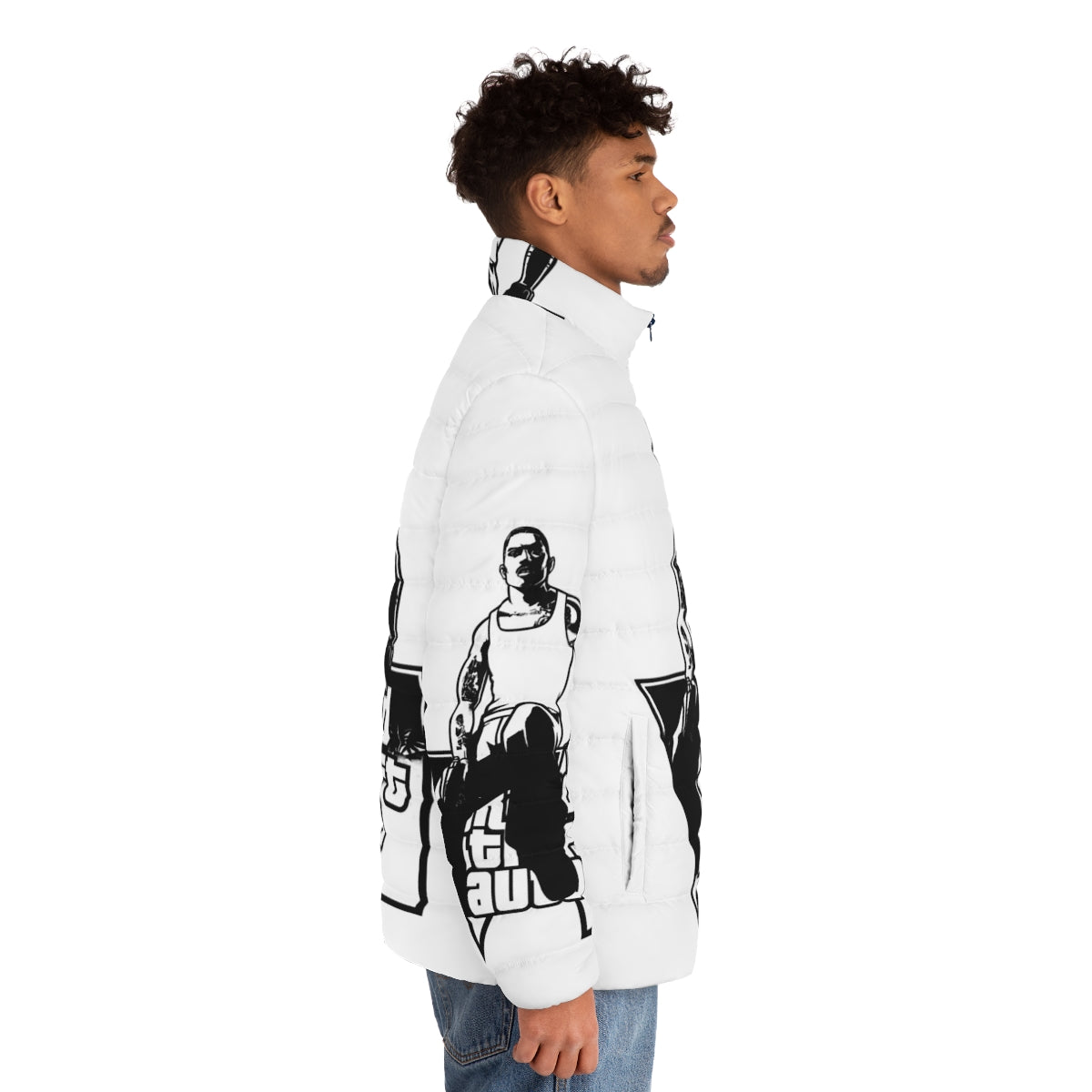 Grand Theft Auto inspired puffer jacket with classic gaming design - men side right