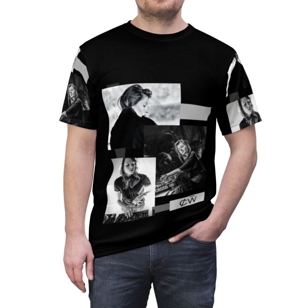 Charlotte de Witte inspired black and white all-over print t-shirt for electronic dance music fans - men front