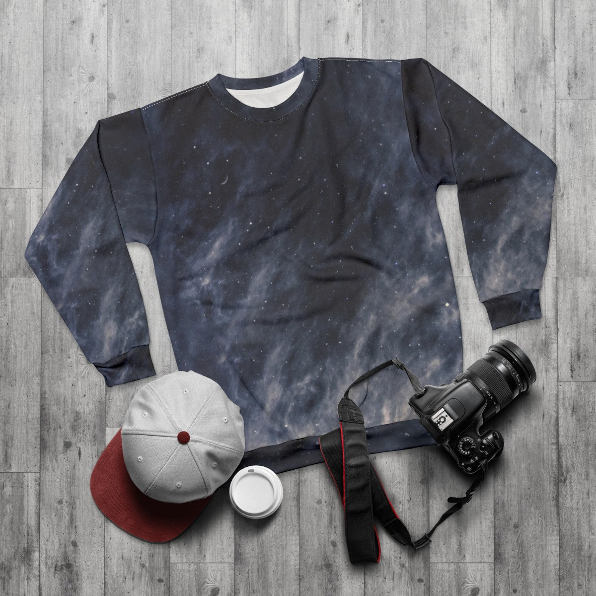 Blue Moon Sweatshirt with Clouds and Starry Sky Design - flat lay