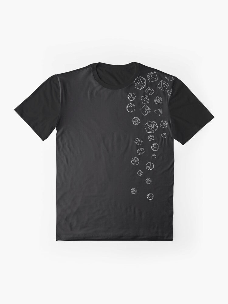 Cascading dice graphic t-shirt for gamers and role-playing enthusiasts - Flat lay