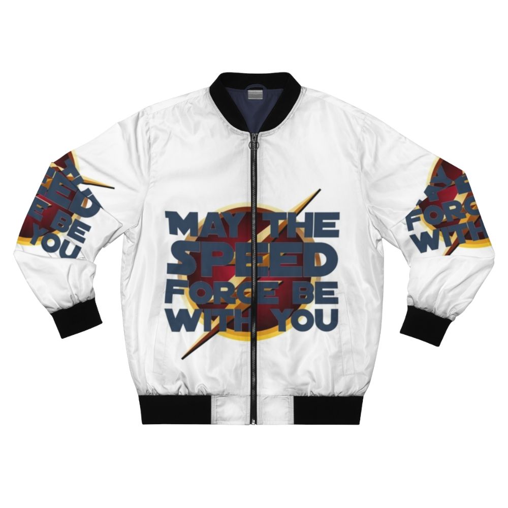 Arrowverse superhero bomber jacket with "May the Speed Force Be With You" design, featuring elements from The Flash and other CW shows.