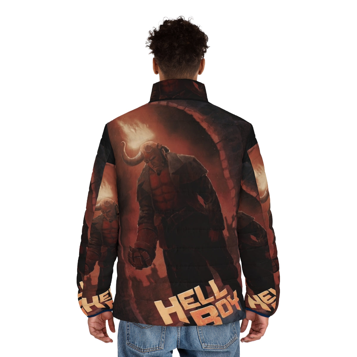 Hellboy fan poster puffer jacket with demon arch design - men back