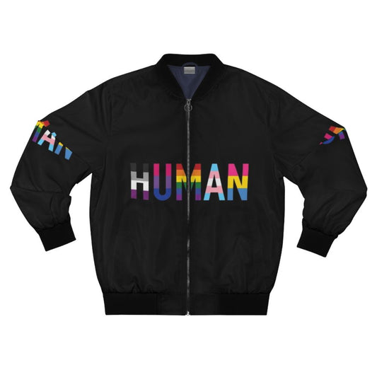 Colorful queer pride bomber jacket with various LGBTQIA+ flags