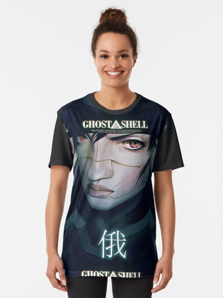 Retro Ghost in the Shell anime-inspired graphic t-shirt featuring cyberpunk mecha, robot, and surrealism design elements - Women