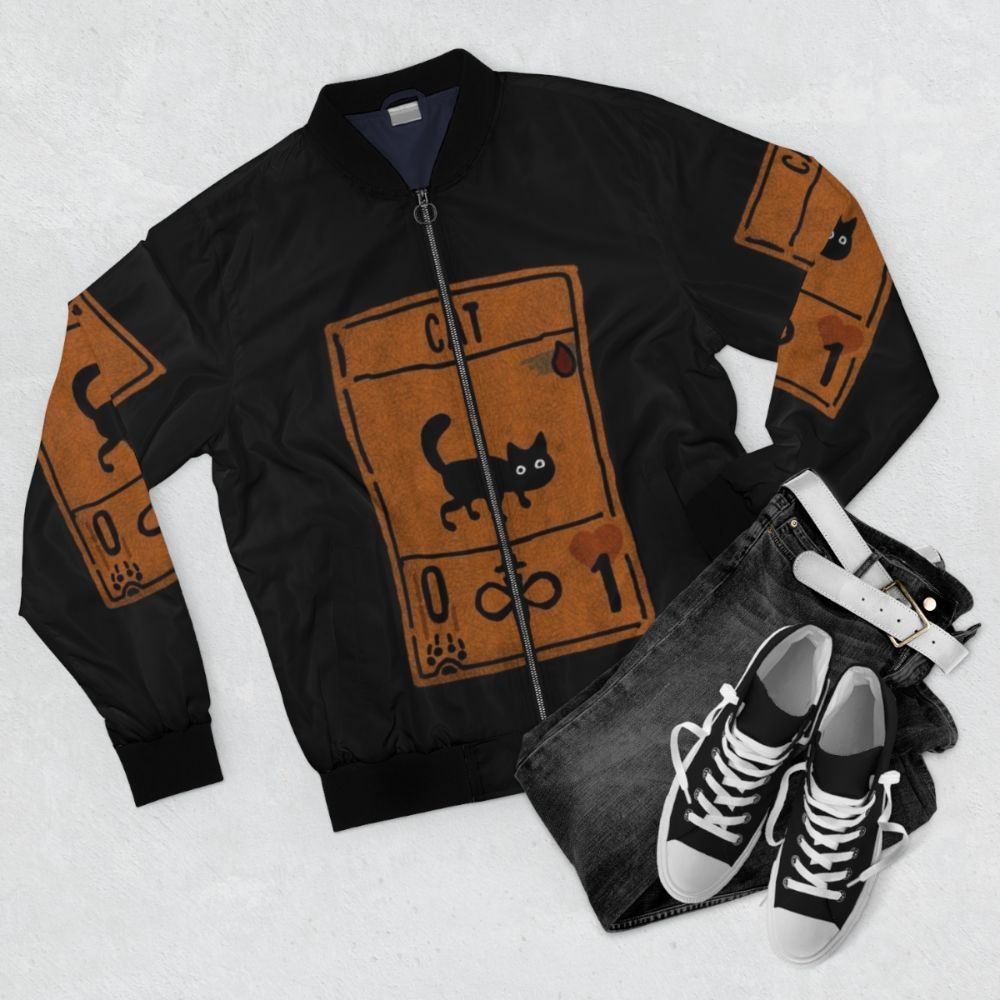 Inscryption bomber jacket featuring horror game elements like the stoat and Leshy - Flat lay