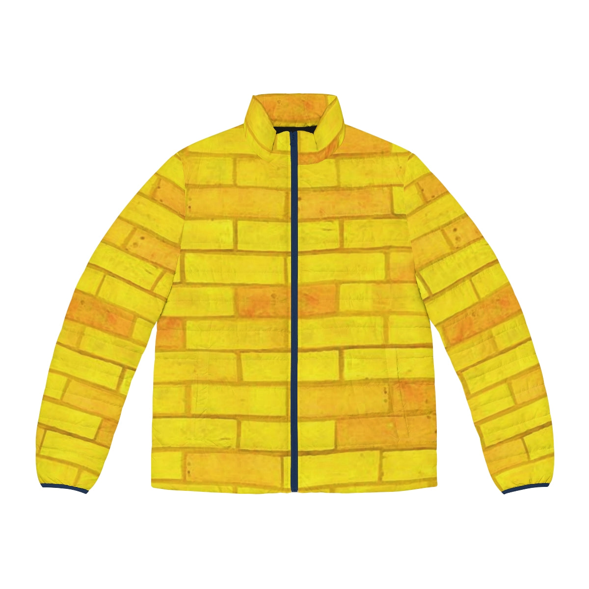 Person wearing a yellow puffer jacket with a brick road design, inspired by the Wizard of Oz