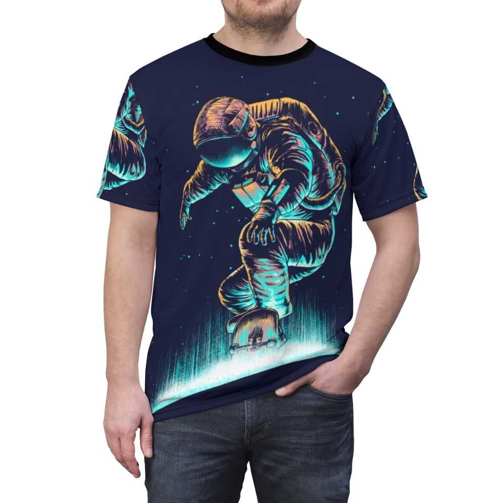 Vibrant cosmic and abstract space-themed graphic design on a high-quality t-shirt. - men front