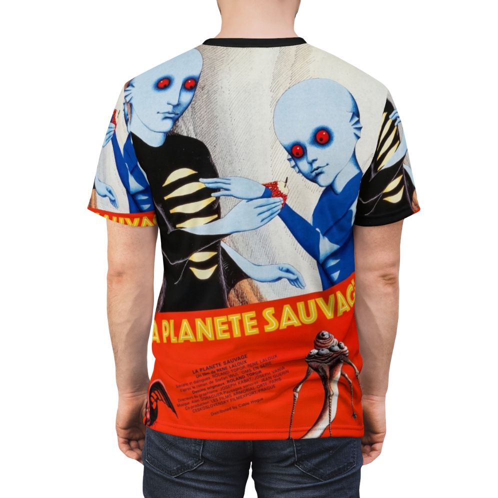 Vintage-style t-shirt featuring the iconic imagery from the 1973 sci-fi film "Fantastic Planet" (La Planète Sauvage) - men back