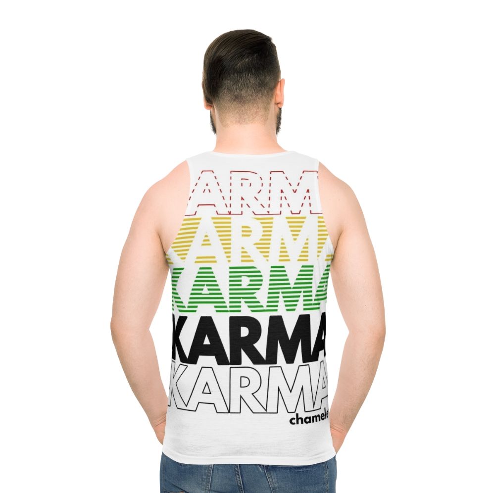 Retro 1980s unisex tank top with Karma Club design - men back