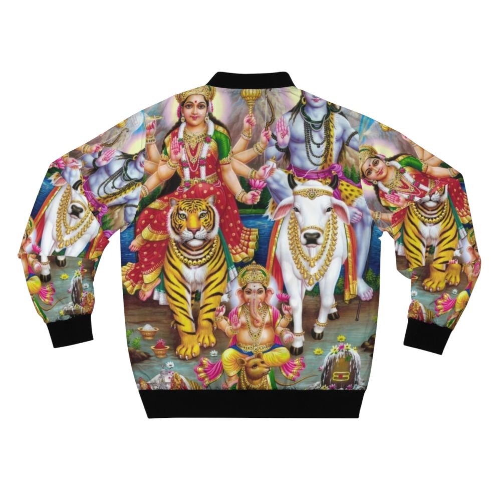 Hindu spiritual art featuring Shiva, Parvati, and Ganesha on a bomber jacket - Back