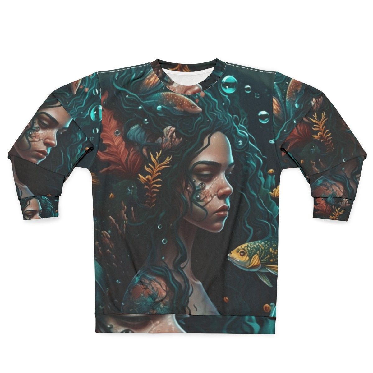 Whimsical sweatshirt featuring mythical sea creatures and fantasy beasts