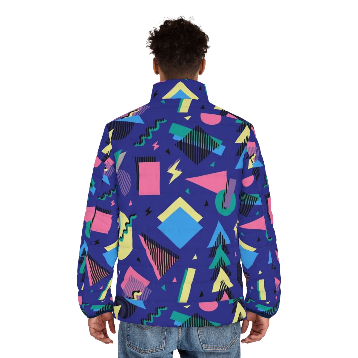 Geometric 90s design puffer jacket with pop art pattern and retro aesthetic - men back