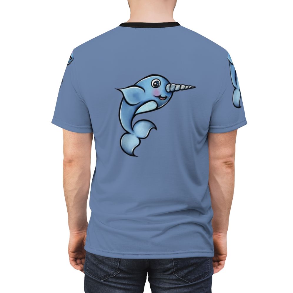 Illustration of a happy narwhal on a t-shirt design - men back