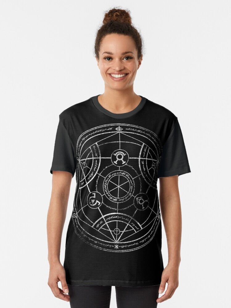 Fullmetal Alchemist-inspired human transmutation circle graphic printed on a chalk-textured t-shirt - Women