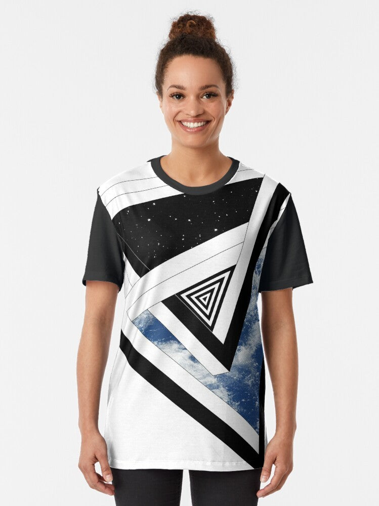 Conceptual graphic t-shirt design featuring a geometric pattern of space, stars, sky, ocean, and waves - Women